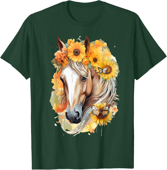 Sunflower Horse Portrait Boho Equestrian Horseback Riding T-Shirt - T-Shirt | Forest