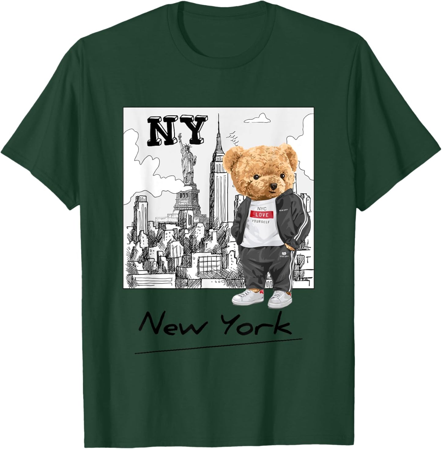 Bahaa's -Kids Graphic Black Small Classic Fit Short Sleeve Summer Graphic Teddy Bear NYC Design T-Shirt - T-Shirt | Forest