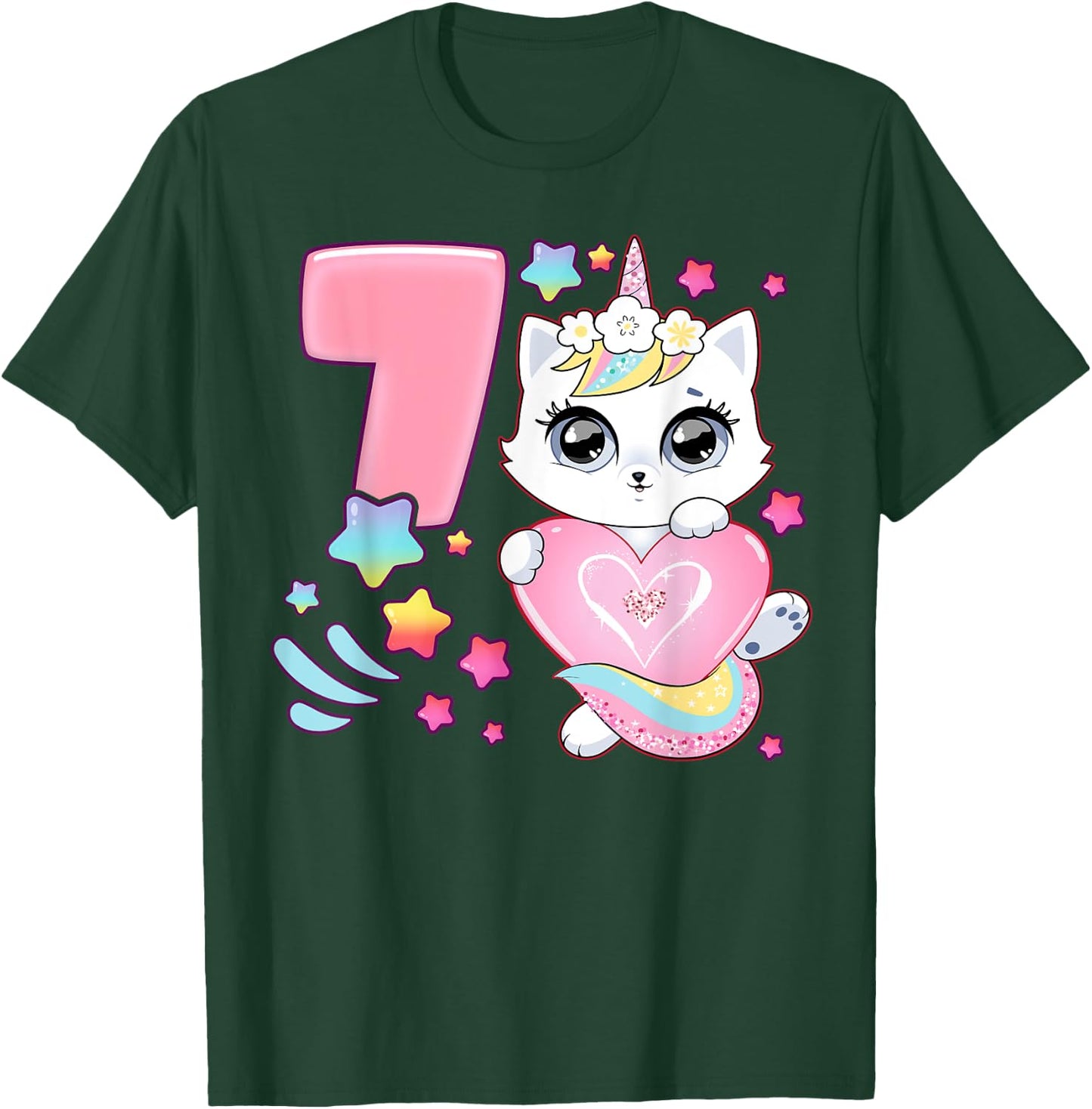 Birthday girl 7 years old, cat, unicorn, 7th birthday T-Shirt - T-Shirt | Forest