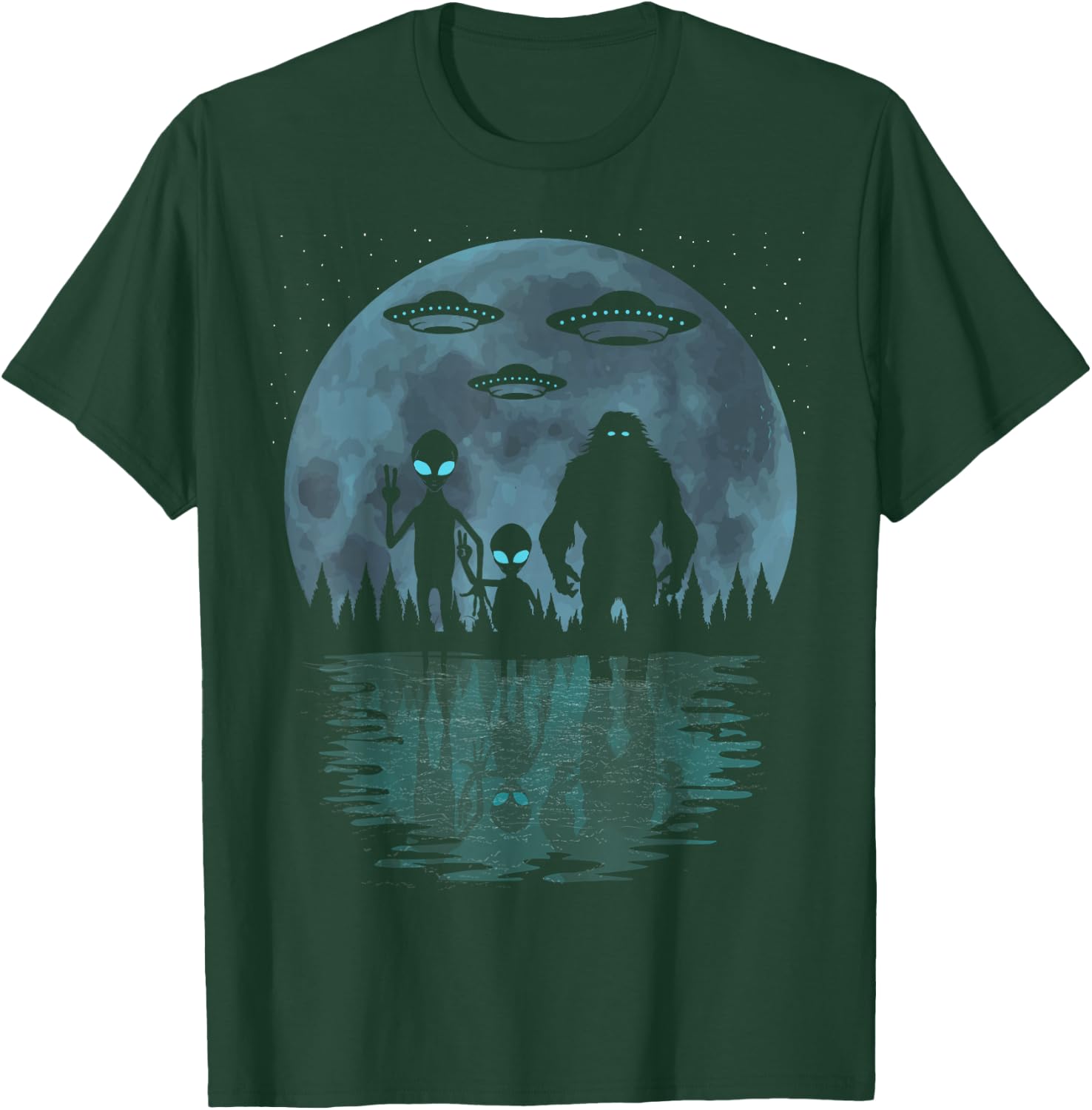 Alien And Bigfoot Moon, UFO's Funny Sasquatch And Aliens T-Shirt - T-Shirt | Forest