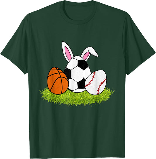 Kids Easter Boys Baseball Basketball Soccer Bunnies Rabbit T-Shirt - T-Shirt | Forest