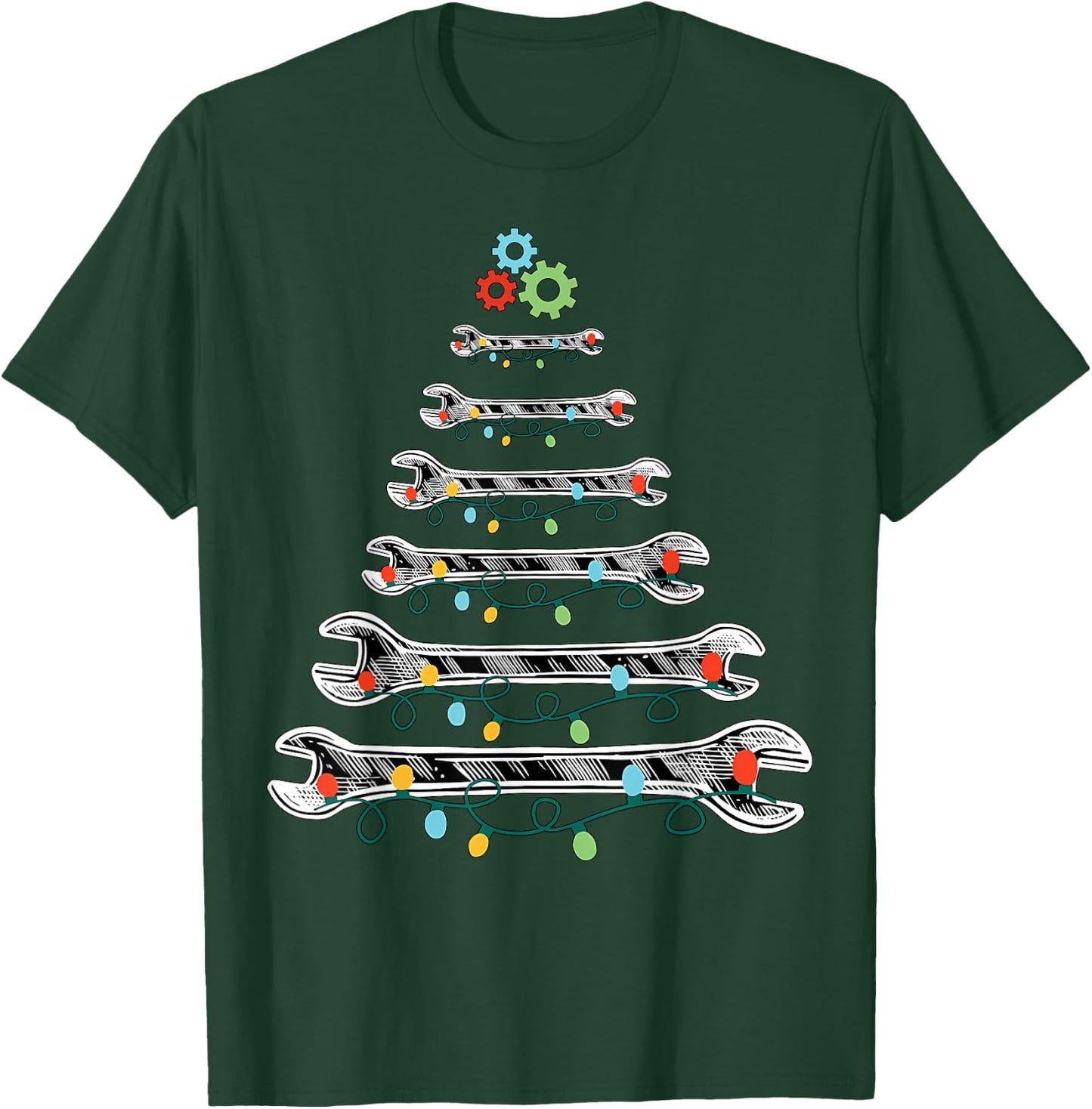 Wrench Christmas Tree Lights Mechanic Xmas Pajama T-Shirt - T-Shirt | Forest
