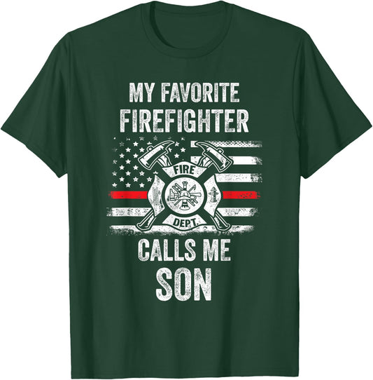 My Favorite Firefighter Calls Me Son Firefighter USA Flag Kids Men T-Shirt - T-Shirt | Forest