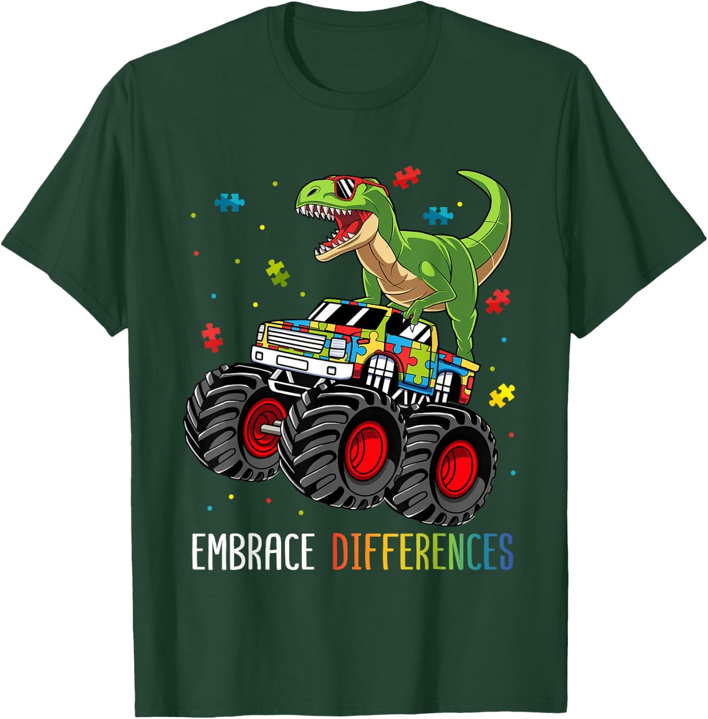 Autism Awareness T-Rex Monster Truck Embrace Differences T-Shirt - T-Shirt | Forest