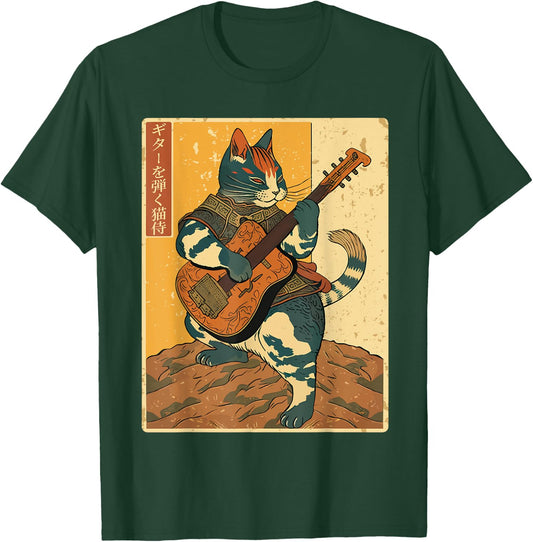 Japanese Samurai Cat Playing The Electric Guitar Men Women T-Shirt - T-Shirt | Forest