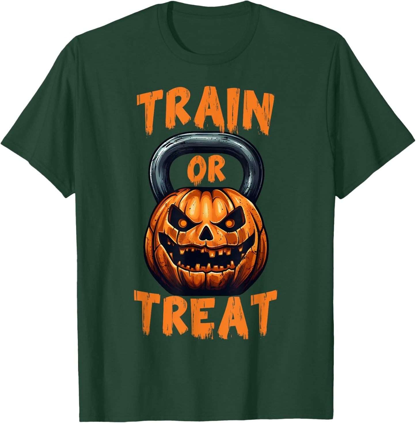 Train or Treat Halloween Pumpkin Kettlebell Gym Workout T-Shirt - T-Shirt | Forest
