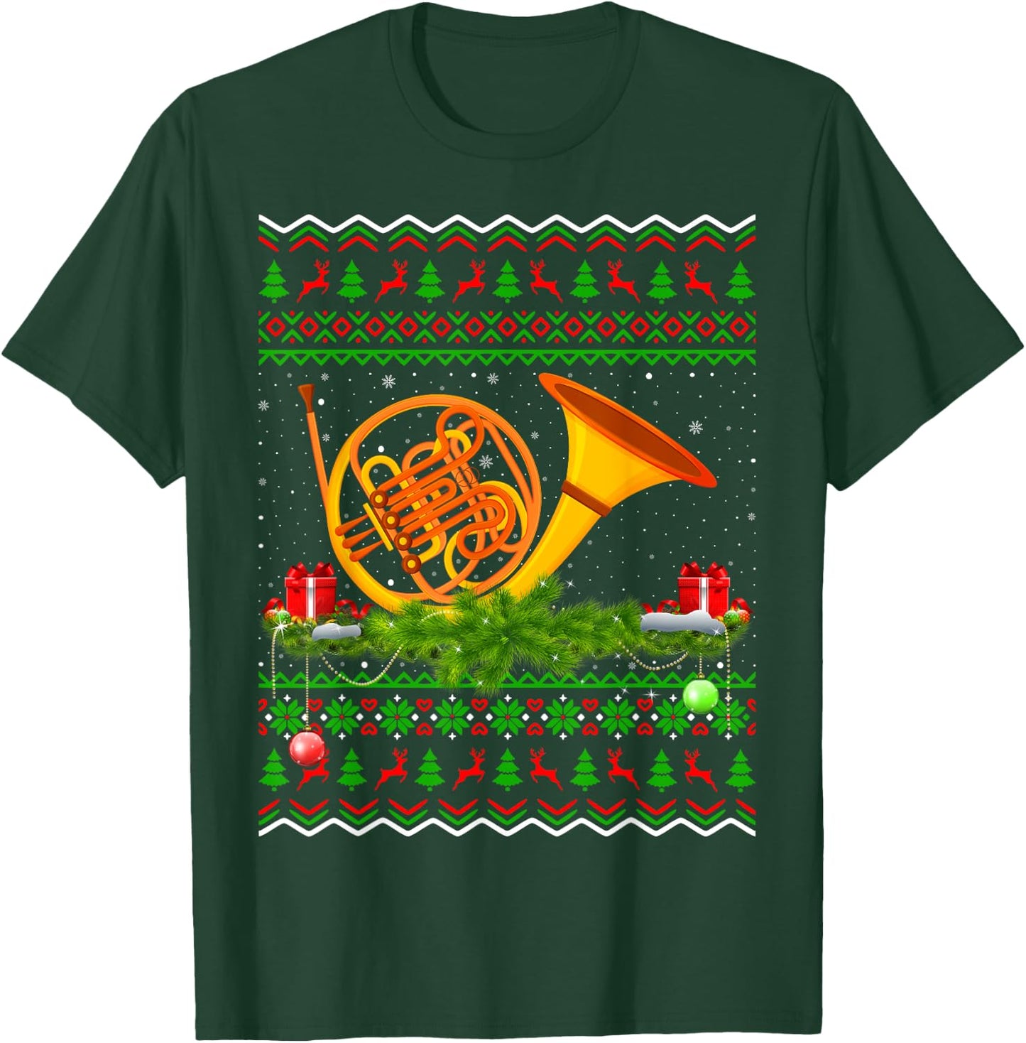 French Horn Musical Xmas Sweater Ugly French Horn Christmas T-Shirt - T-Shirt | Forest