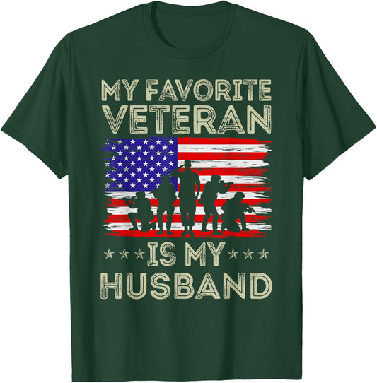 My Favorite Veteran Is My Husband American Flag Veterans Day T-Shirt - T-Shirt | Forest