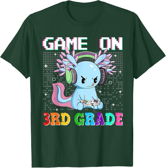 Axolotl Game On 3rd Grade Funny Back To School Gamer Boys T-Shirt - T-Shirt | Forest