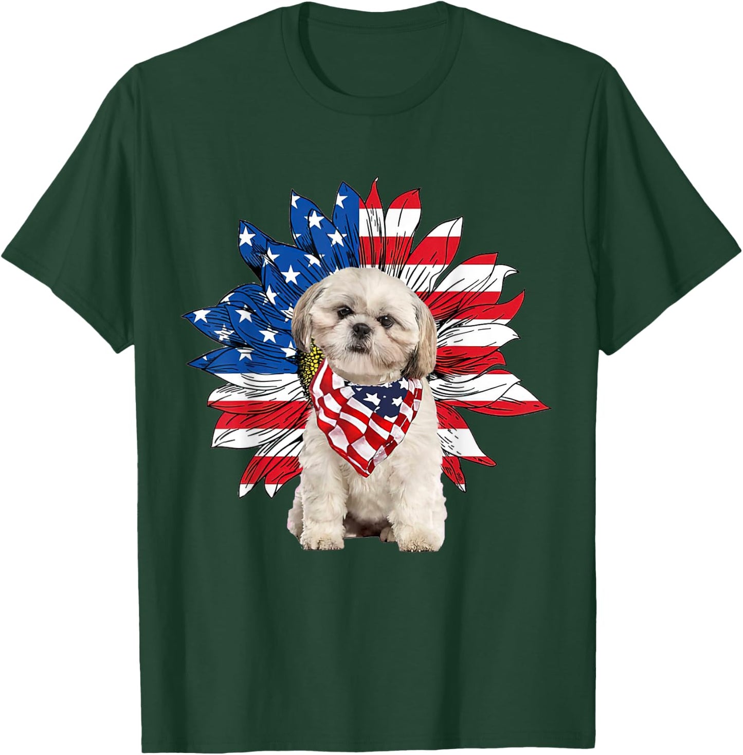 Shih Tzu American Flag Sunflower Dog Lovers 4th Of July T-Shirt - T-Shirt | Forest