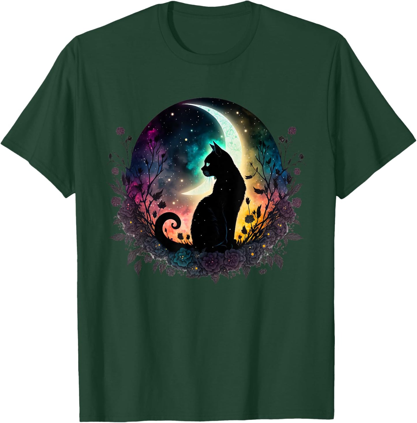 Celestial Cat Moon Botanical Witchy Colorful Spiritual Cats T-Shirt - T-Shirt | Forest