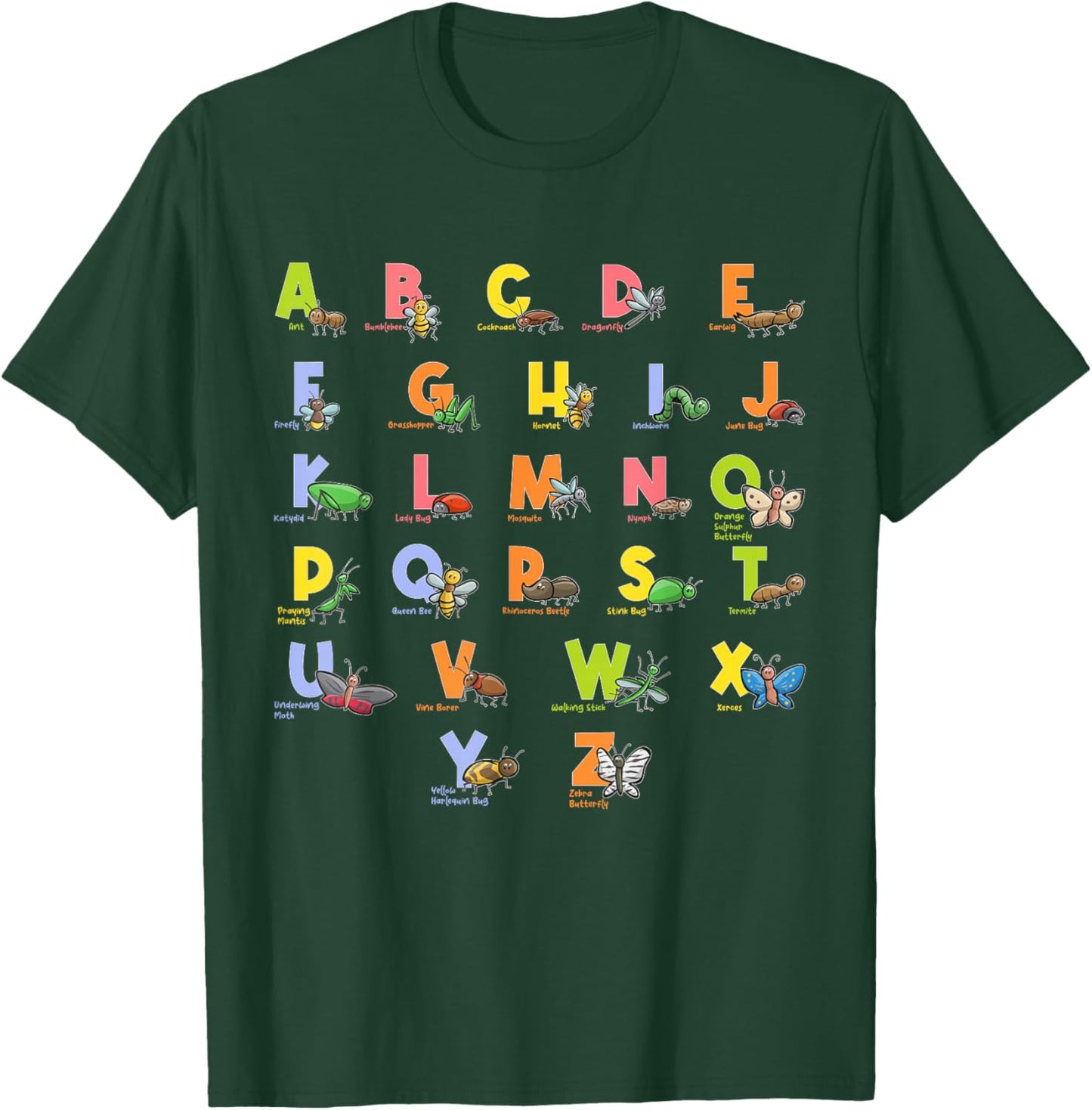 Alphabet Types of Insects Kids Bug Lover Future Entomologist T-Shirt - T-Shirt | Forest