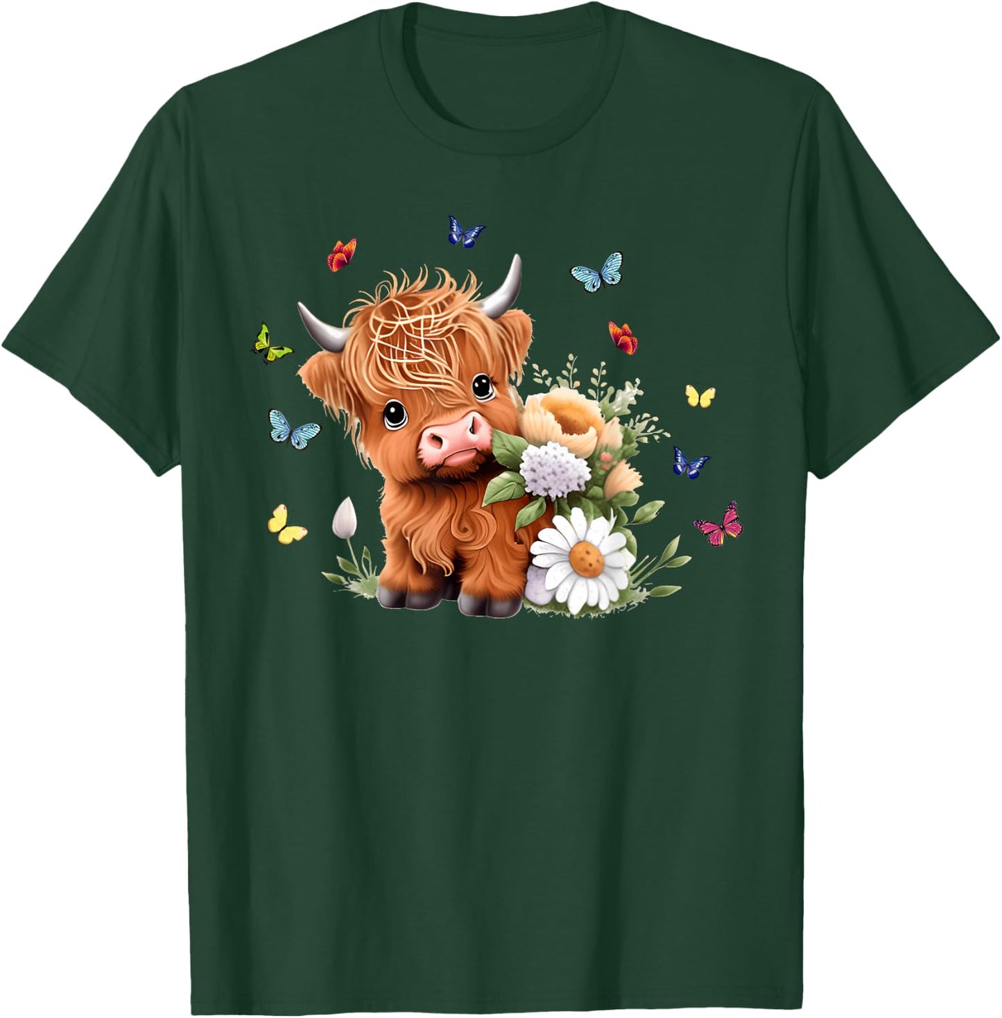 Cute Baby Highland Cow with Flowers Calf Animal Spring T-Shirt - T-Shirt | Forest