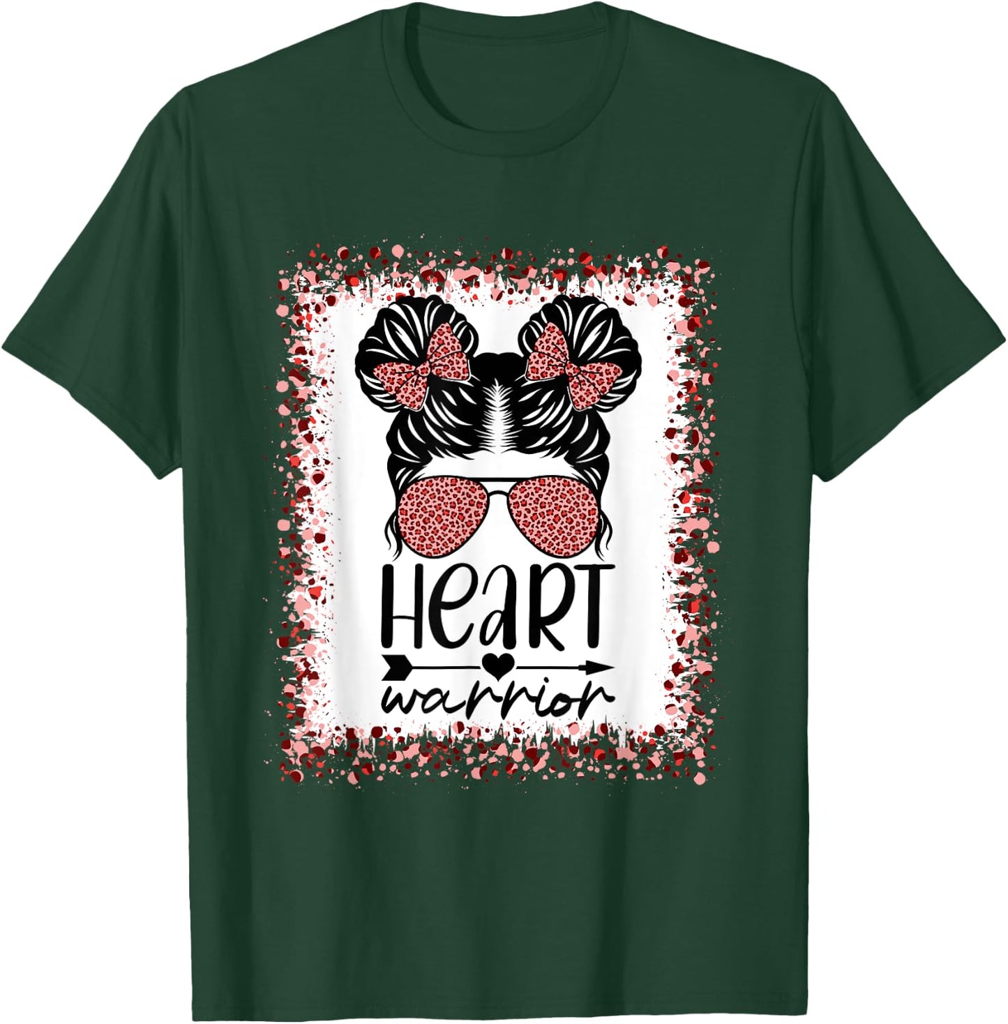 Heart Warrior Messy Bun Leopard Heart Disease Awareness T-Shirt - T-Shirt | Forest