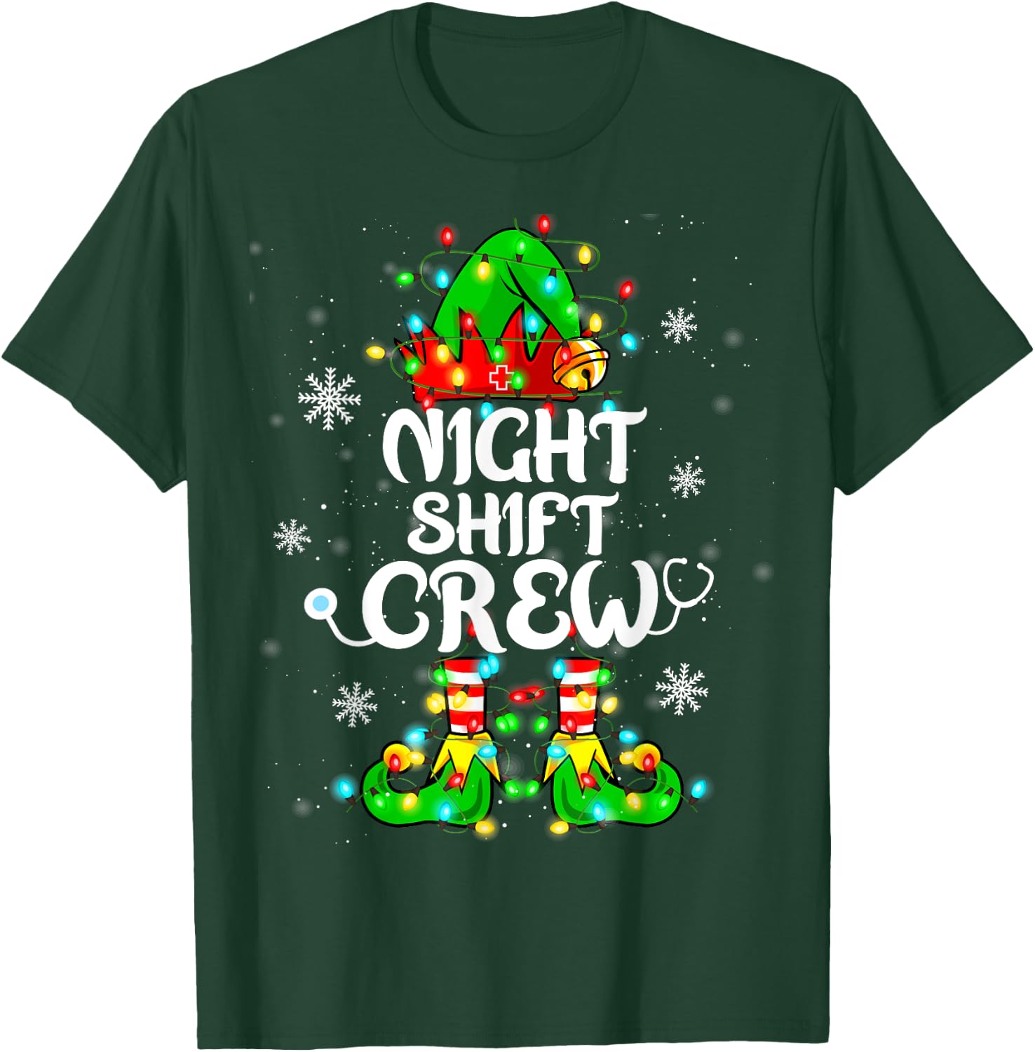 Night Shift Crew Funny Nurse Elf Chrsitmas Lights Cute Xmas T-Shirt - T-Shirt | Forest