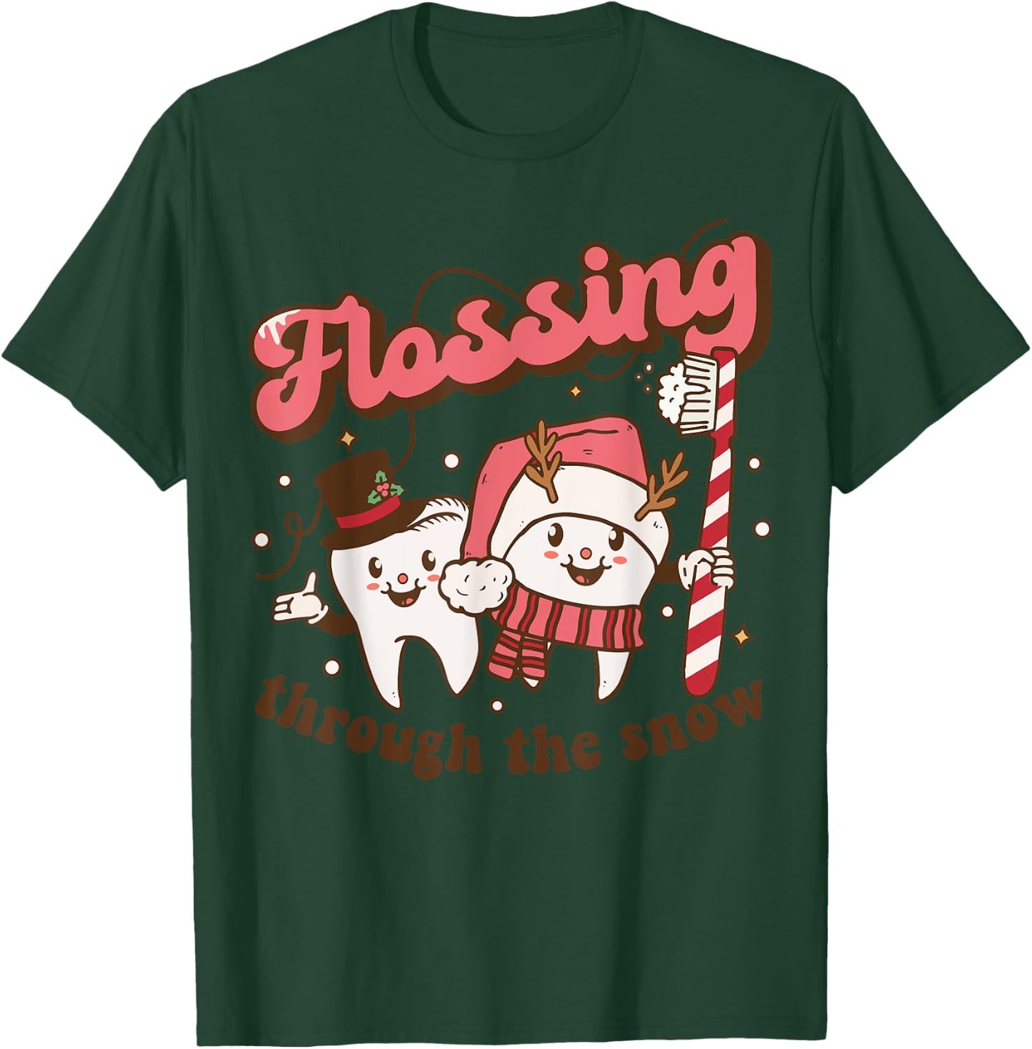 Flossing Through The Snow Dental Hygienist Christmas Dentist T-Shirt - T-Shirt | Forest