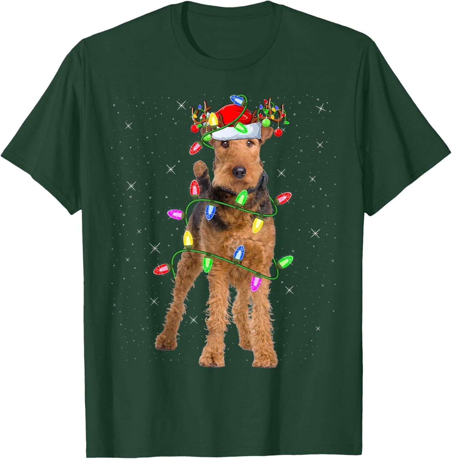 Xmas Holiday Lighting Santa Airedale Terrier Christmas T-Shirt - T-Shirt | Forest