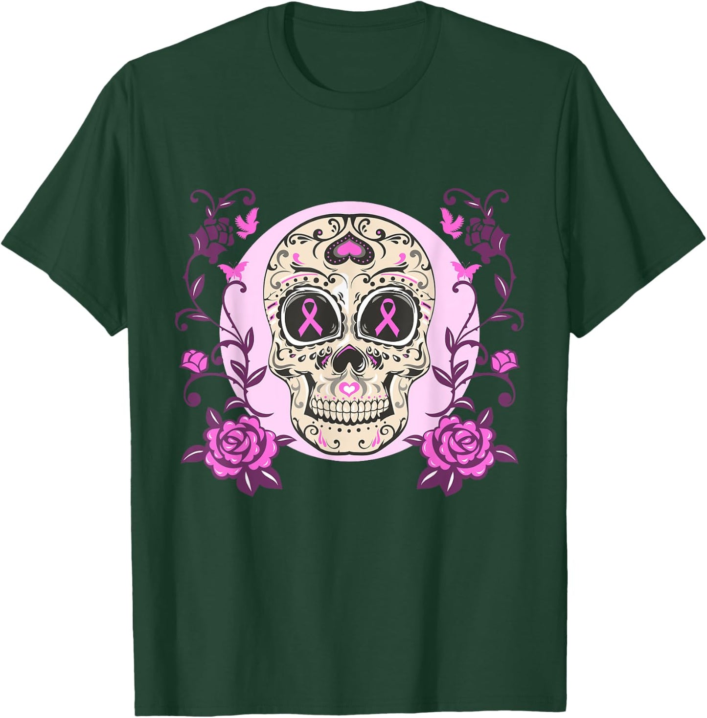 Sugar Skull Pink Ribbon Breast Cancer Awareness Calavera T-Shirt - T-Shirt | Forest