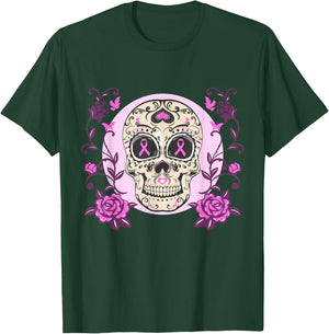 Sugar Skull Pink Ribbon Breast Cancer Awareness Calavera T-Shirt - T-Shirt | Forest