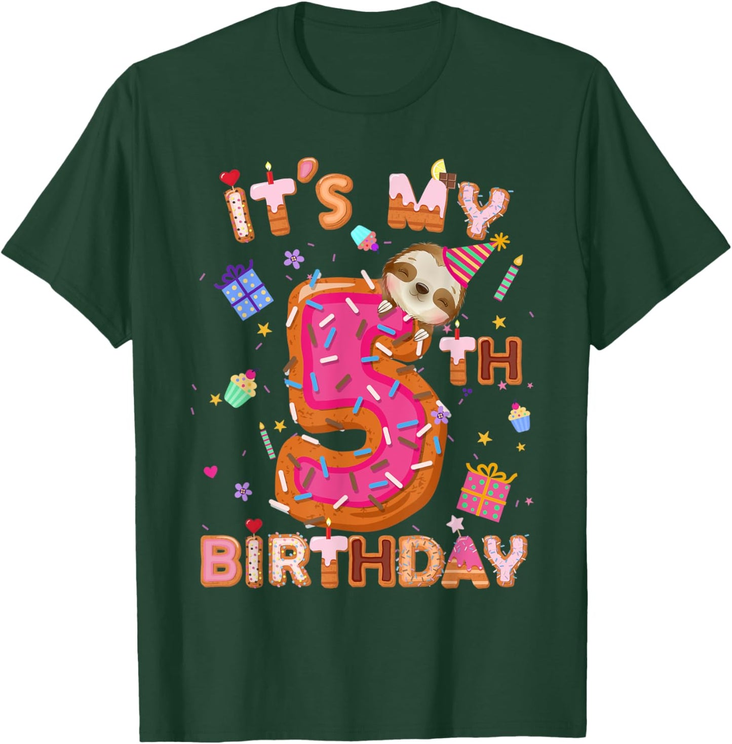 5 Year Old Gifts Boys Girls Teens Donut Sloth 5th Birthday T-Shirt - T-Shirt | Forest