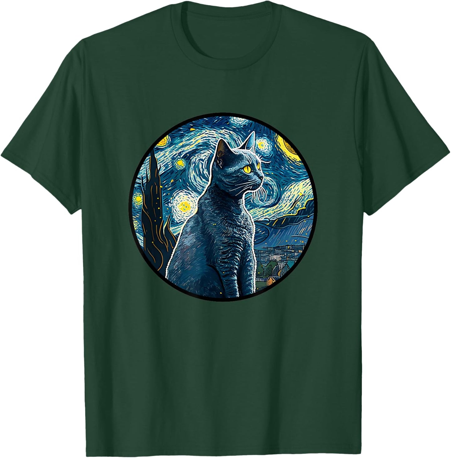 Russian Blue Cat in Starry Night Painting Men Women Kids T-Shirt - T-Shirt | Forest