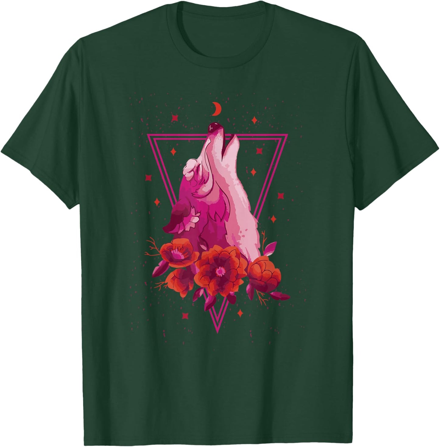 Pink Wolf Howling Vaporwave Floral Roses Stars Crescent Moon T-Shirt - T-Shirt | Forest