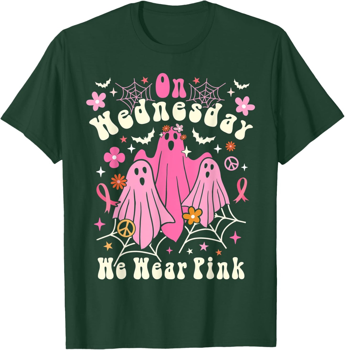 On Wednesday We Wear Pink Ghost Halloween Breast Cancer 2022 T-Shirt - T-Shirt | Forest