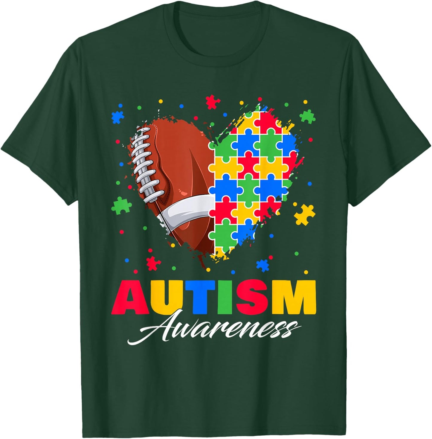 Puzzle Football Ball Heart Autism Awareness Autistic Kids T-Shirt - T-Shirt | Forest