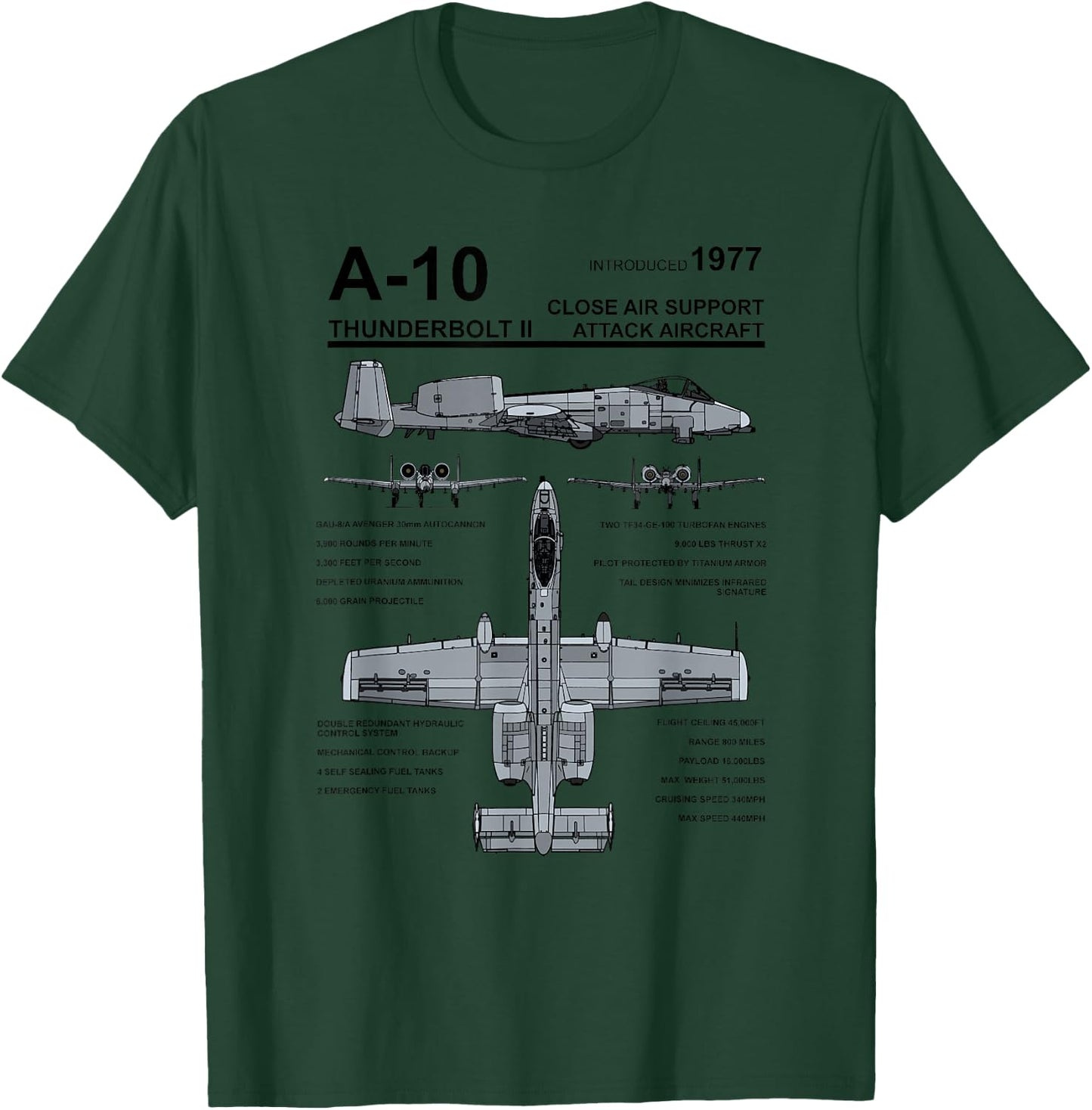 A-10 Thunderbolt II Warthog Military Jet Spec Diagram T-Shirt - T-Shirt | Forest