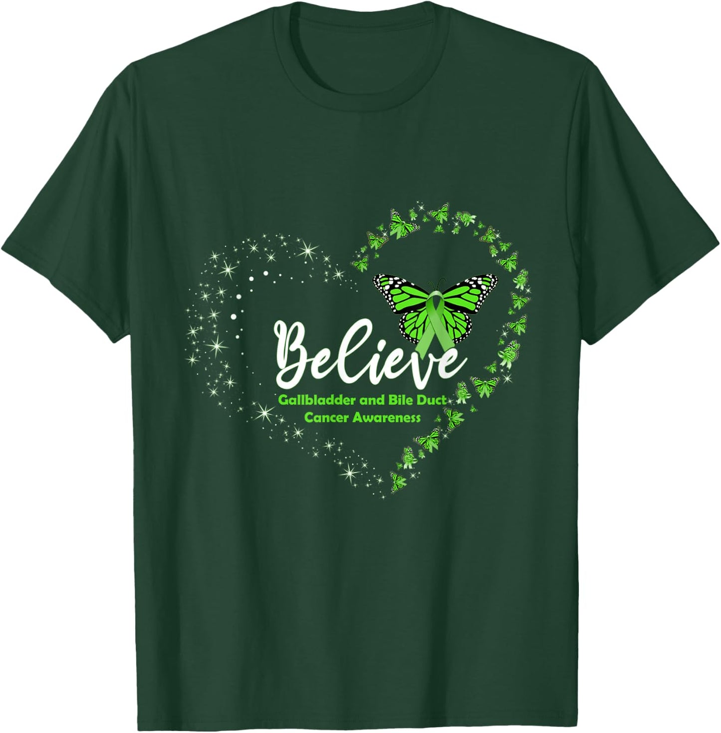 Butterfly Believe Green Ribbon Gallbladder Bile Duct Cancer T-Shirt - T-Shirt | Forest