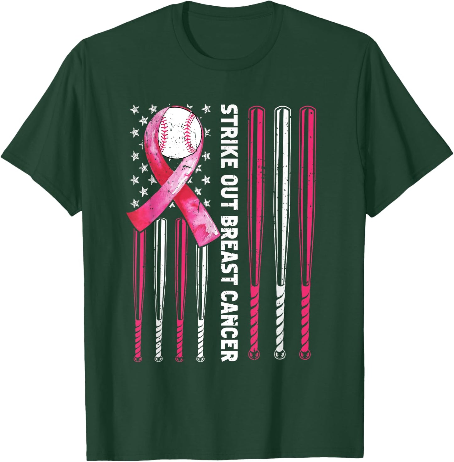 Strike Out Breast Cancer Baseball Lover Pink American Flag T-Shirt - T-Shirt | Forest