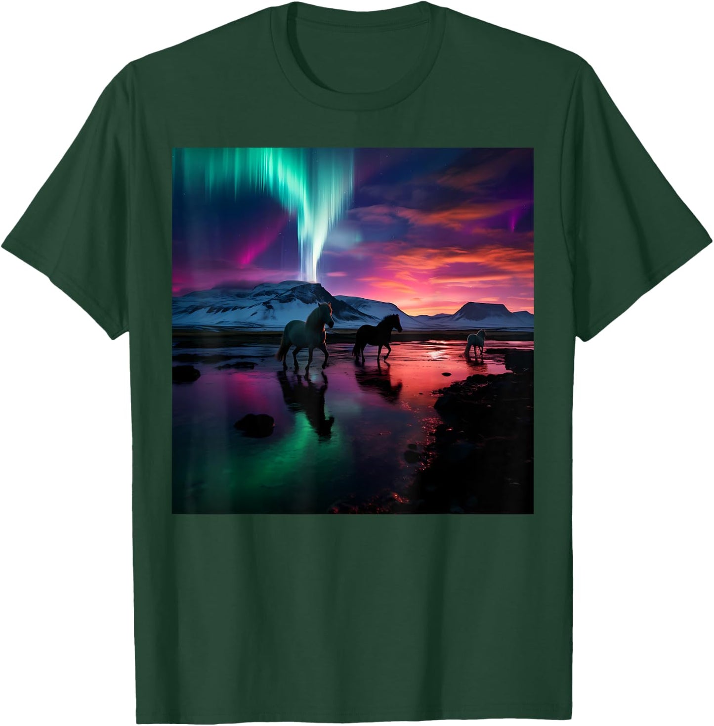 Iceland Northern Lights Aurora Borealis Horse Graphic Design T-Shirt - T-Shirt | Forest