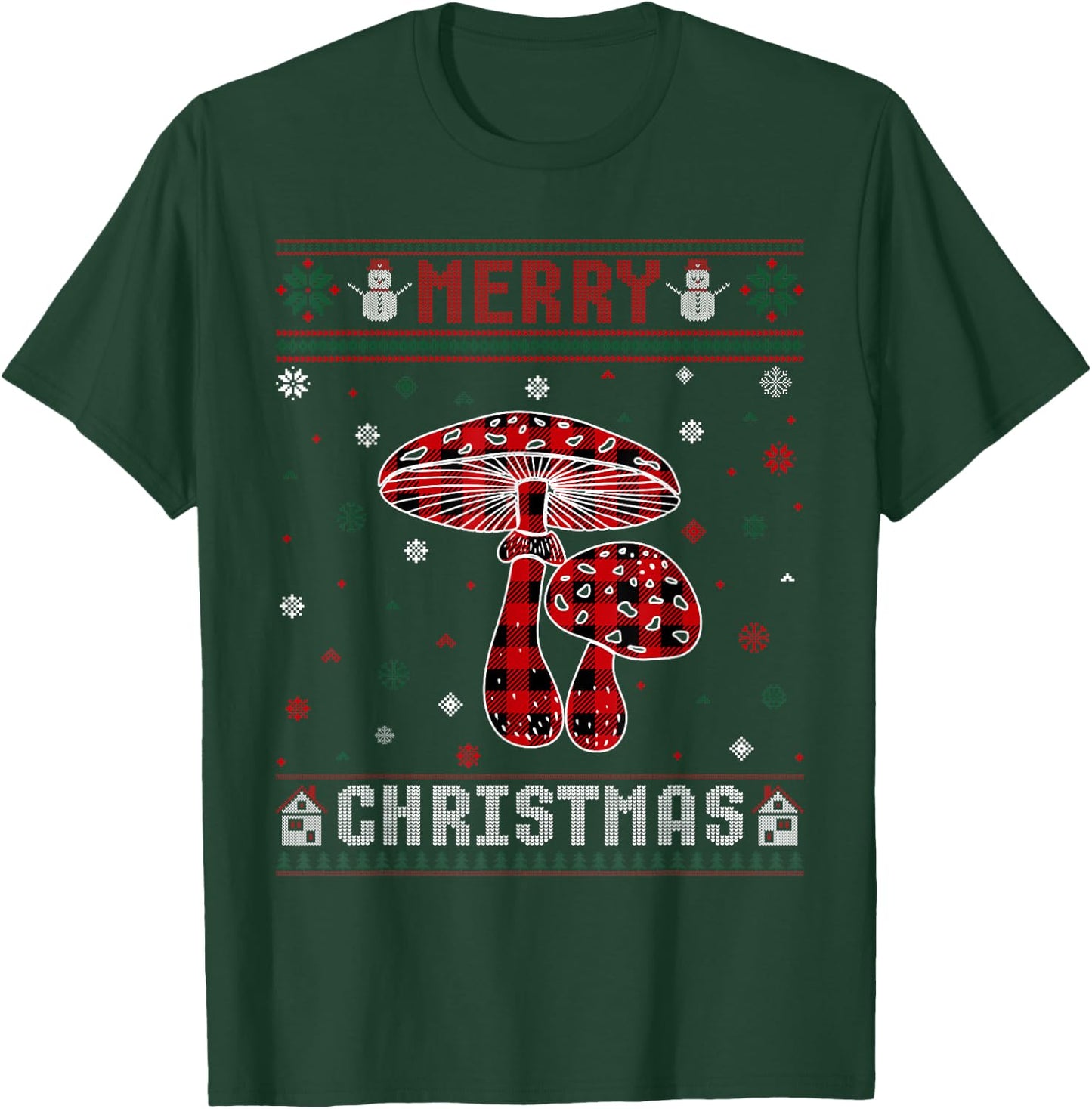 Ugly Christmas Sweater Mushroom Buffalo Plaid Red Xmas T-Shirt - T-Shirt | Forest