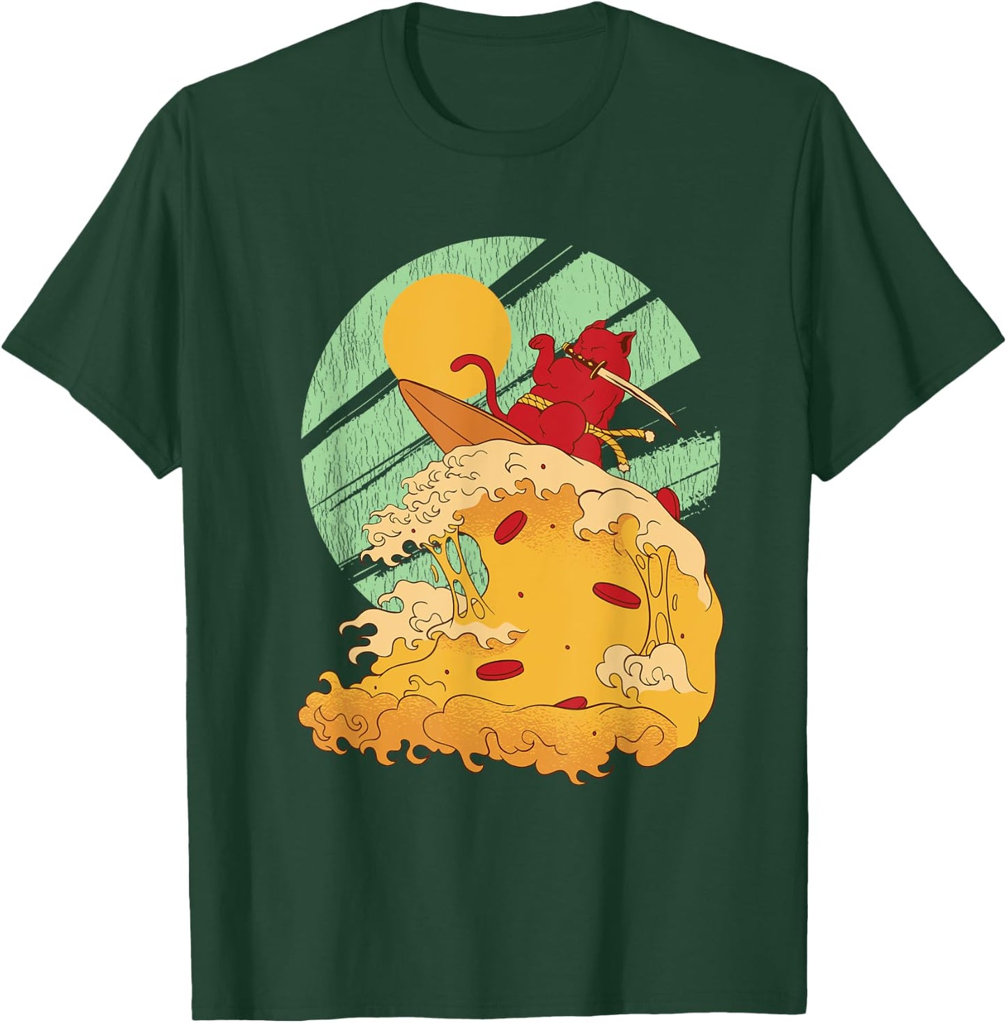 Surfing Japan Samurai Cat Vintage Surf Board T-Shirt - T-Shirt | Forest