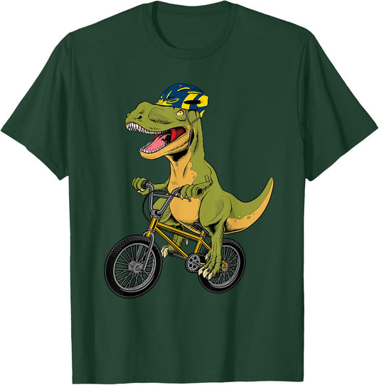 Cool BMX Boys Kids Bike Rider T Rex Dinosaur Bicycle T-Shirt - T-Shirt | Forest