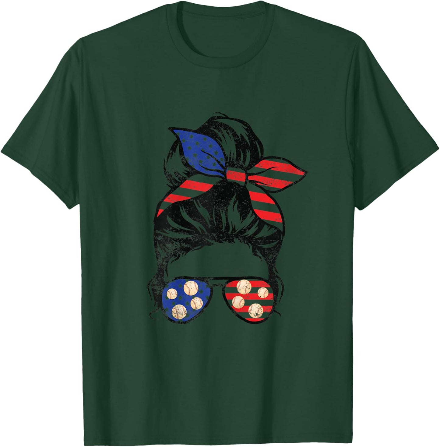 American Flag Baseball Messy Bun Vintage Patriotic 4th July T-Shirt - T-Shirt | Forest