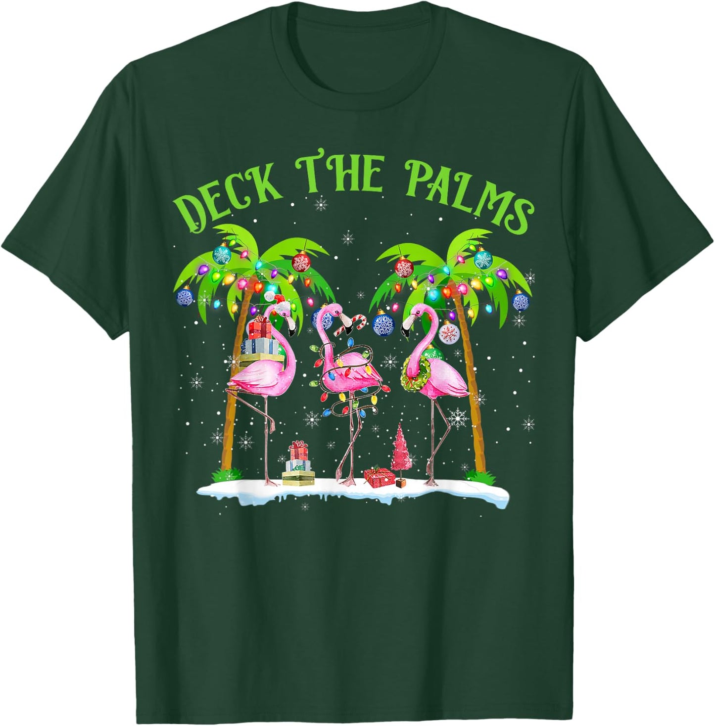 Deck The Palms Flamingo Tropical Christmas Lights Palm Tree T-Shirt - T-Shirt | Forest