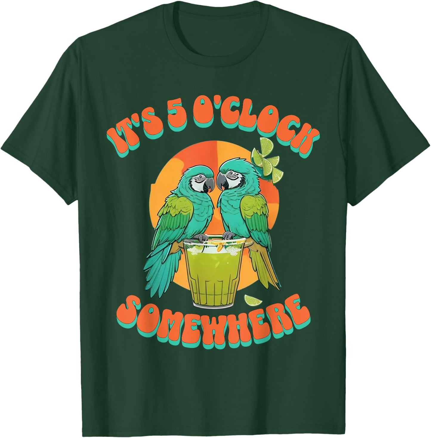 Vintage It's 5 O'clock Somewhere Parrots Drinking Cocktail T-Shirt - T-Shirt | Forest