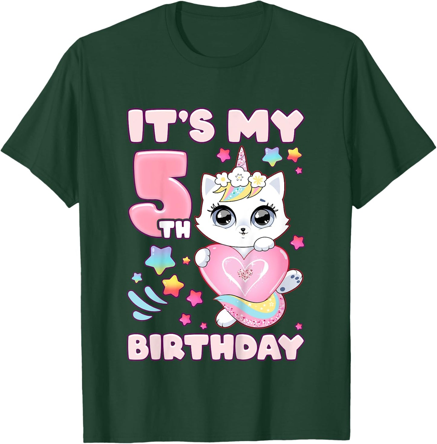 Birthday girl 5 years old, cat, unicorn, 5th birthday T-Shirt - T-Shirt | Forest