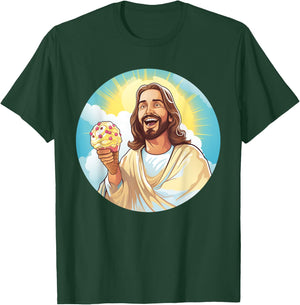Funny laughing Jesus with Ice Cream for Sweets Lovers Women Kids T-Shirt - T-Shirt | Forest