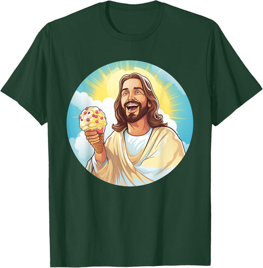Funny laughing Jesus with Ice Cream for Sweets Lovers Women Kids T-Shirt - T-Shirt | Forest