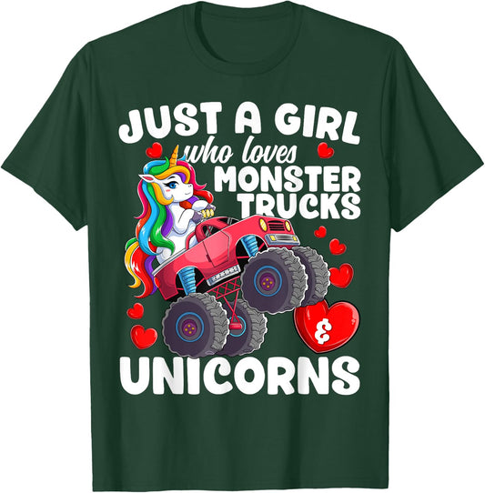Just a Girl Who Loves Monster Trucks and Unicorns Girls T-Shirt - T-Shirt | Forest