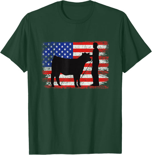 Cattle American Patriotic USA Flag - Fun Cattle Show T-Shirt - T-Shirt | Forest