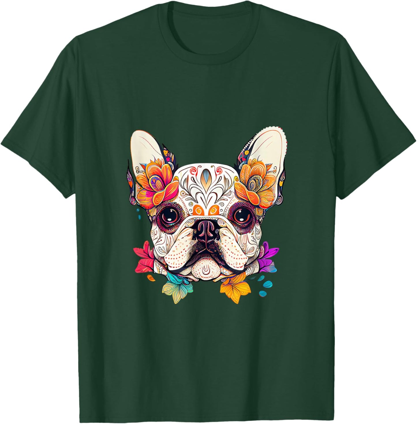 Sugar Skull Dog Colorful French Bulldog Lover Floral Flowers T-Shirt - T-Shirt | Forest