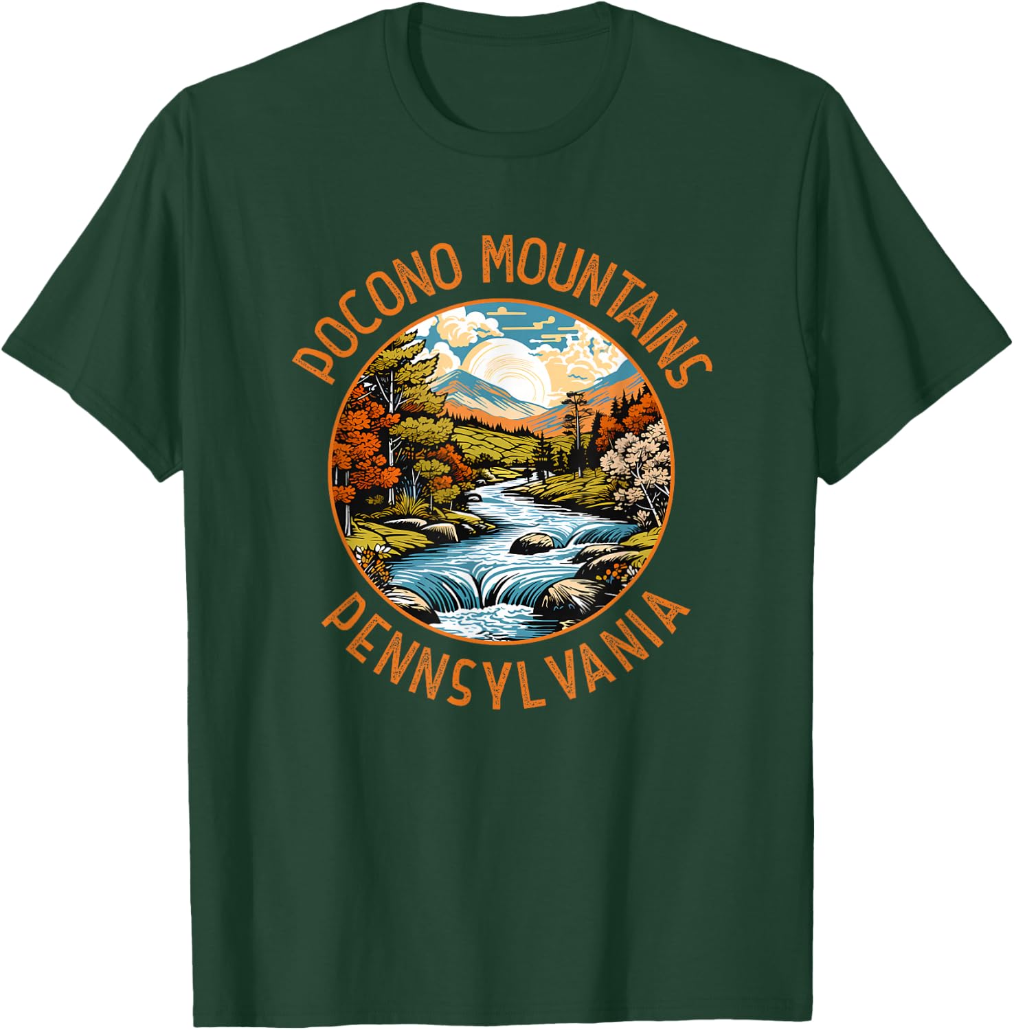 Pocono Mountains Pennsylvania Sunset Retro Distressed Circle T-Shirt - T-Shirt | Forest