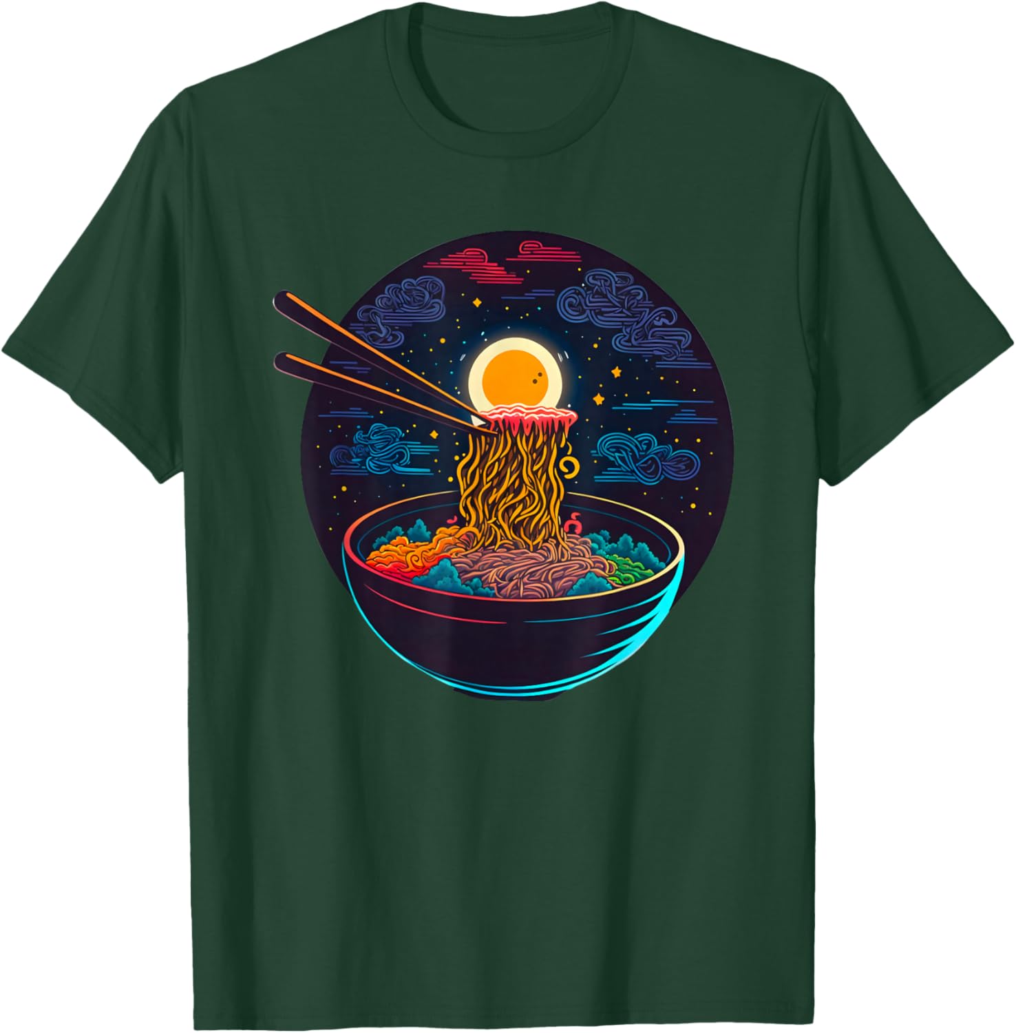 Japanese Moon Ramen Graphic Neon Retro Anime Noodles Art T-Shirt - T-Shirt | Forest