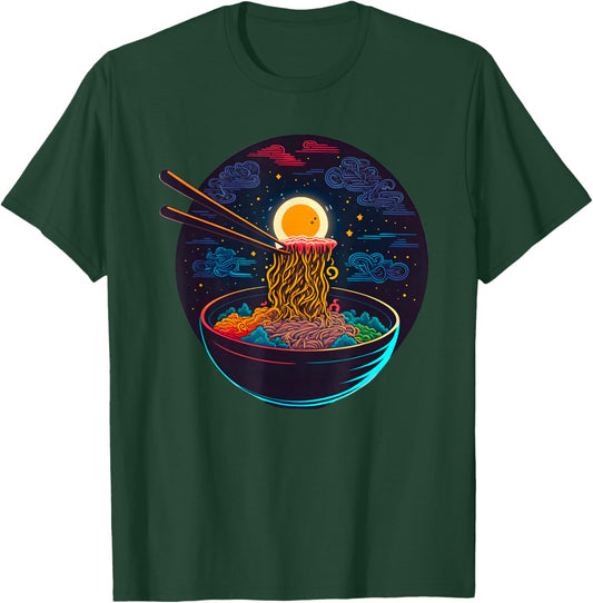 Japanese Moon Ramen Graphic Neon Retro Anime Noodles Art T-Shirt - T-Shirt | Forest