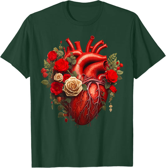 Cardiology Medical Cardiac Nurse Floral Anatomical Heart T-Shirt - T-Shirt | Forest