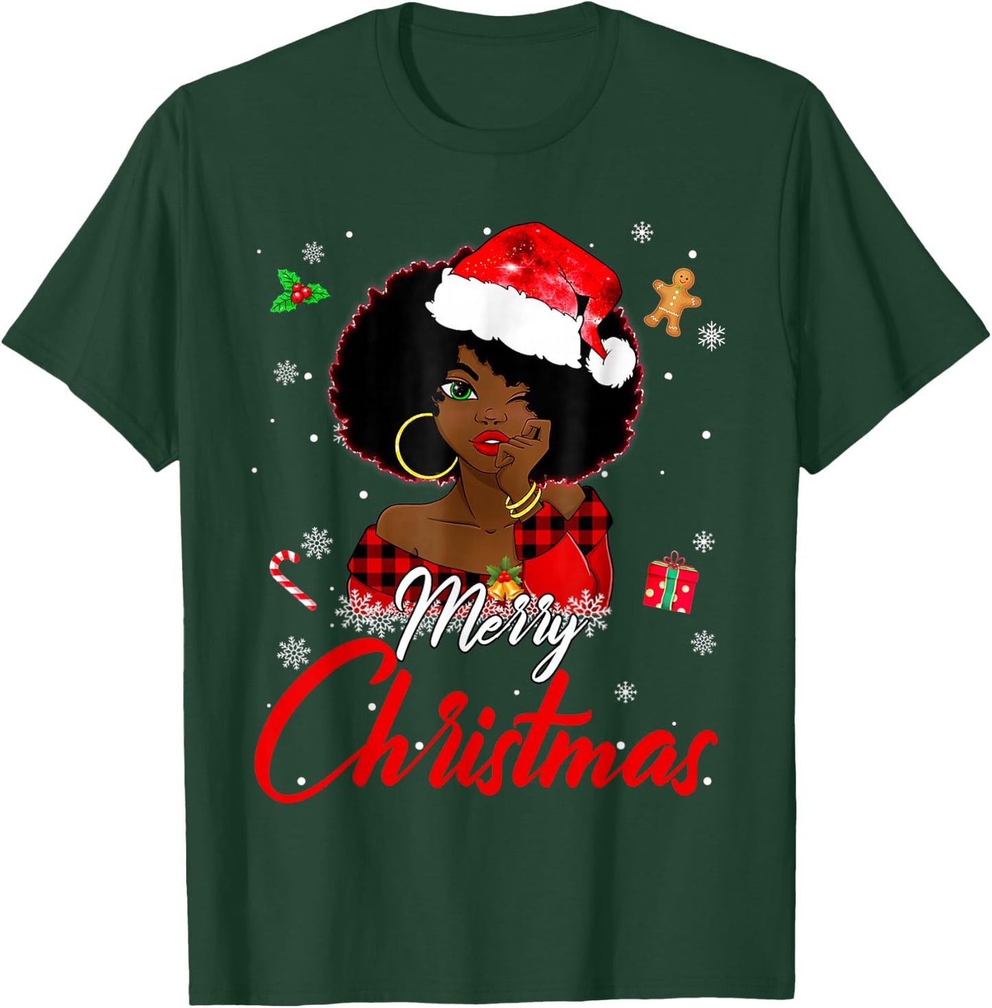 Black African Girl American Melanin Christmas Santa Hat Xmas T-Shirt - T-Shirt | Forest