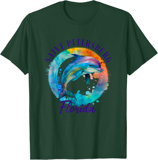 Saint Petersburg Florida Happy Watercolor Dolphin T-Shirt - T-Shirt | Forest
